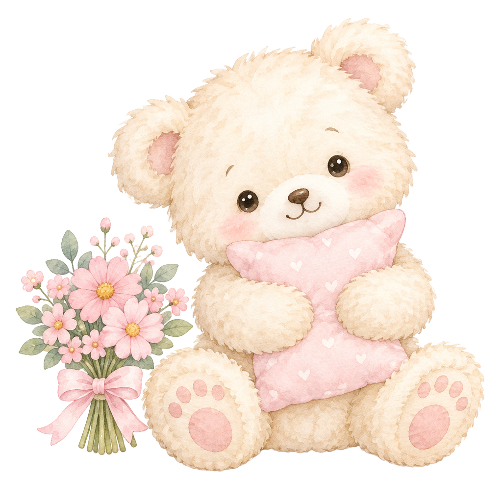 A teddy bear hugging a pillow beside the letter